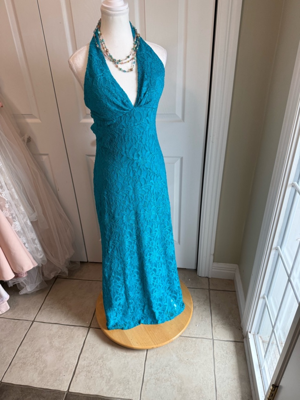 Jump Teal Lace Halter Maxi Dress